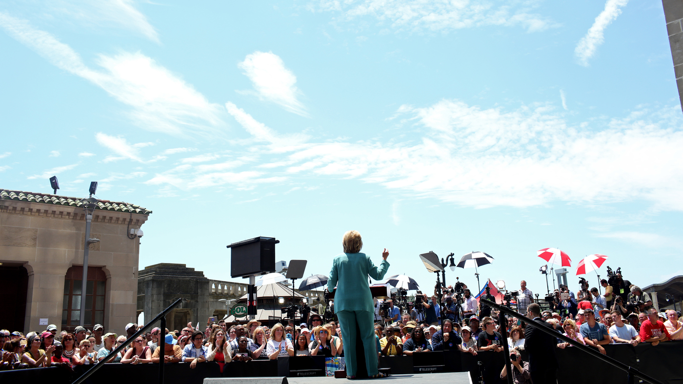 Democratic presidential candidate Hillary Clinton speaks in front of the shuttered Trump Plaza casino on the boardwalk of Atlantic City, N.J., on Wednesday.